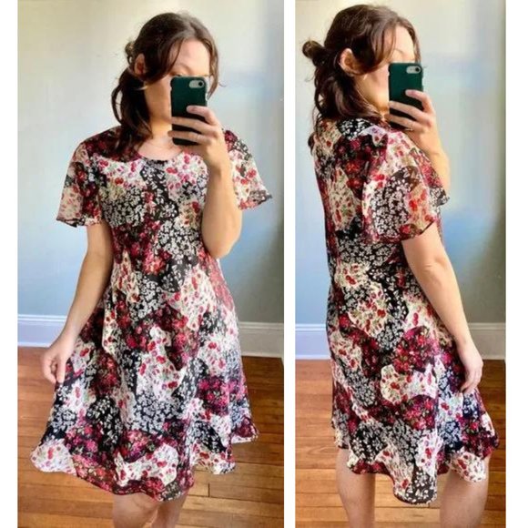 Vintage 90s Floral Rose Ruffle Flutter Cottagecore Chiffon Dress - Picture 1 of 10
